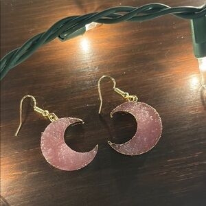 Gold and Pink Crescent Moon Earrings